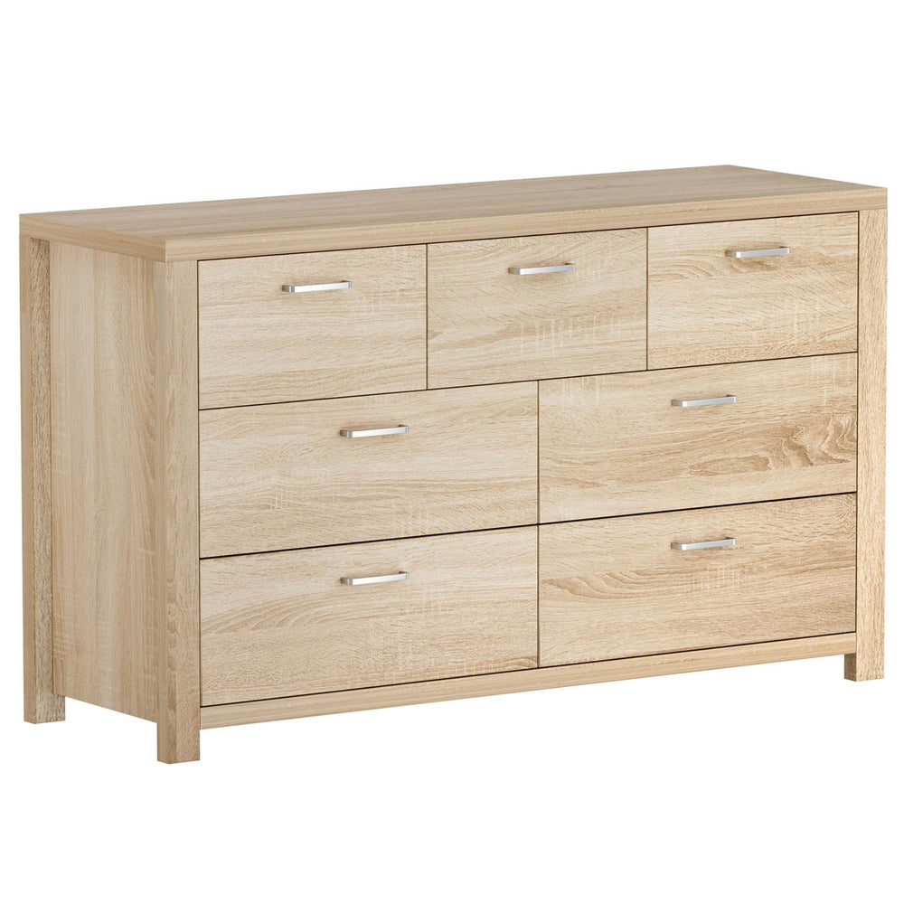 7 Drawer Lowboy Storage Dresser Oak with seven smooth glide drawers, light oak finish, ideal bedroom furniture piece
