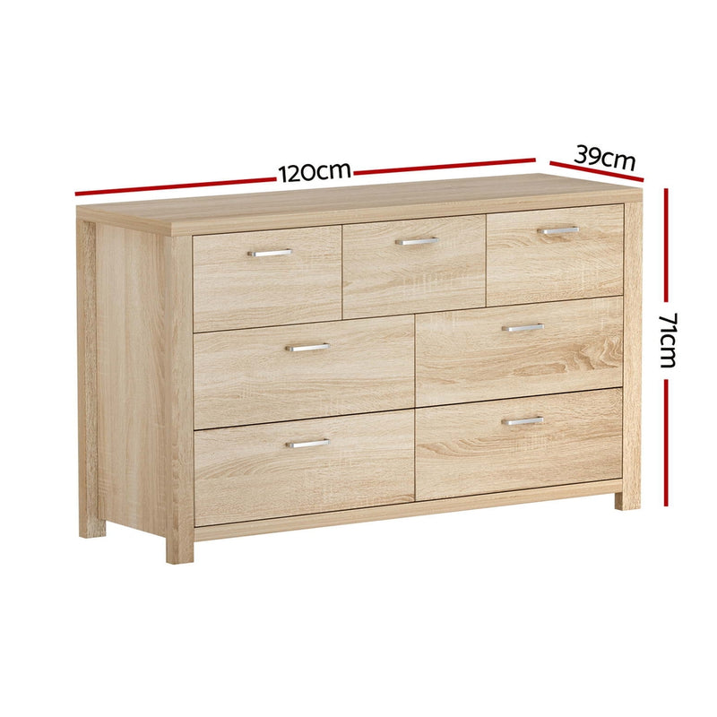 7 Drawer Lowboy Storage Dresser Oak with metal handles and spacious drawers for organized bedroom furniture storage