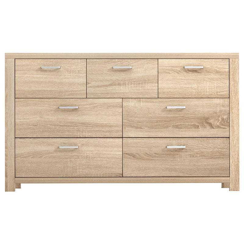 7 Drawer Lowboy Storage Dresser Oak in light oak finish with sleek metal handles for bedroom furniture storage organization