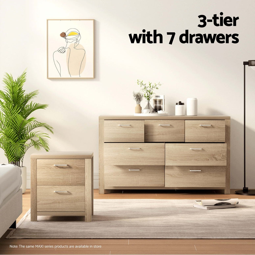 7 Drawer Lowboy Storage Dresser Oak with three tiers of drawers, modern design, and brushed metal handles in bedroom setting