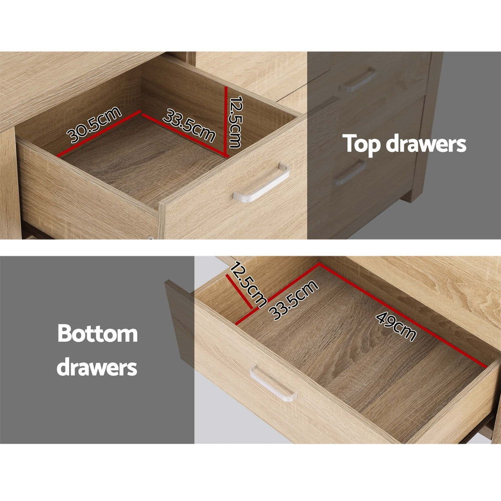 7 Drawer Lowboy Storage Dresser Oak showing measurements of top and bottom drawers with light oak finish and handles