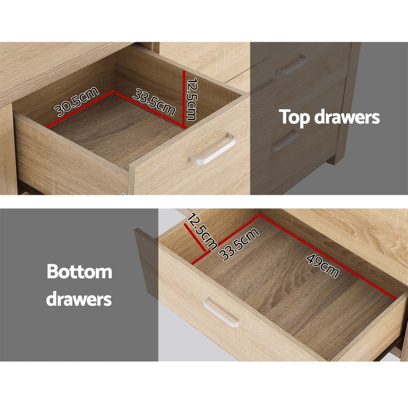 7 Drawer Lowboy Storage Dresser Oak showing measurements of top and bottom drawers with light oak finish and handles