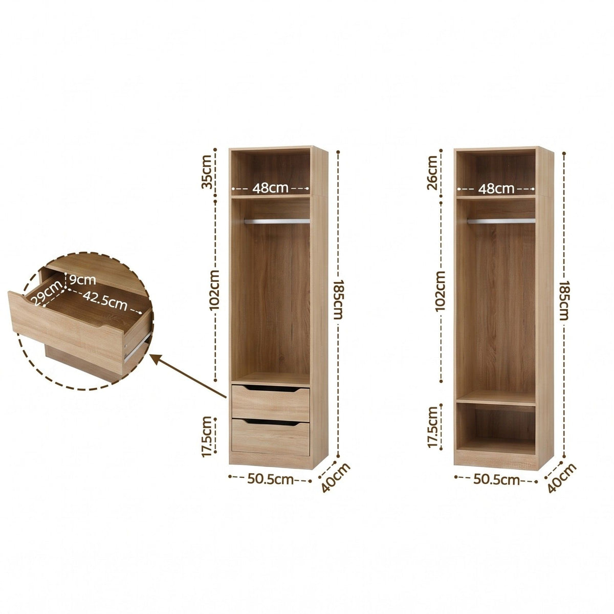 2X Wardrobe Closet with Shelves and Drawers Pine