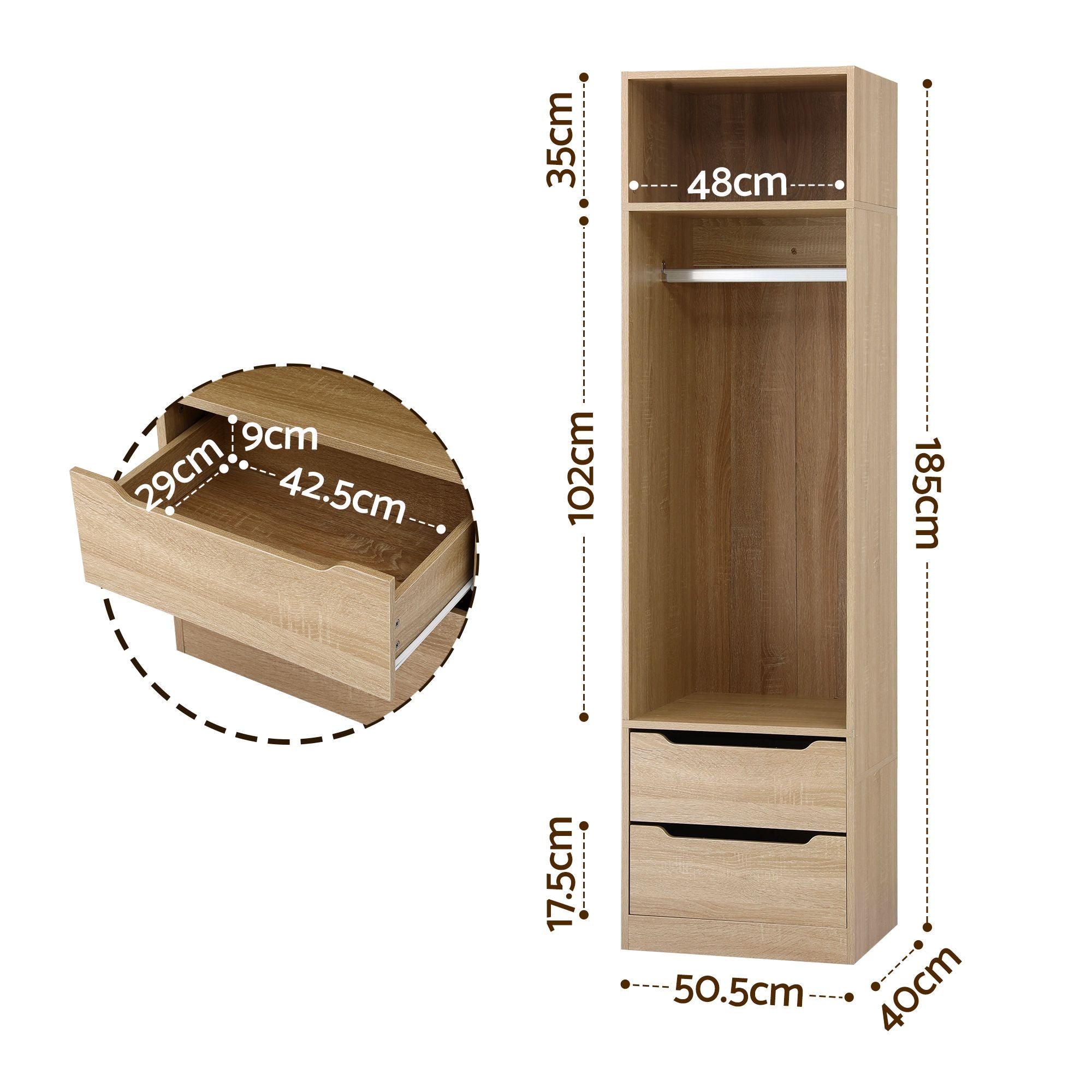 Wardrobe Clothes Closet Storage Organizer with Drawers and Hanging Rod - Pine