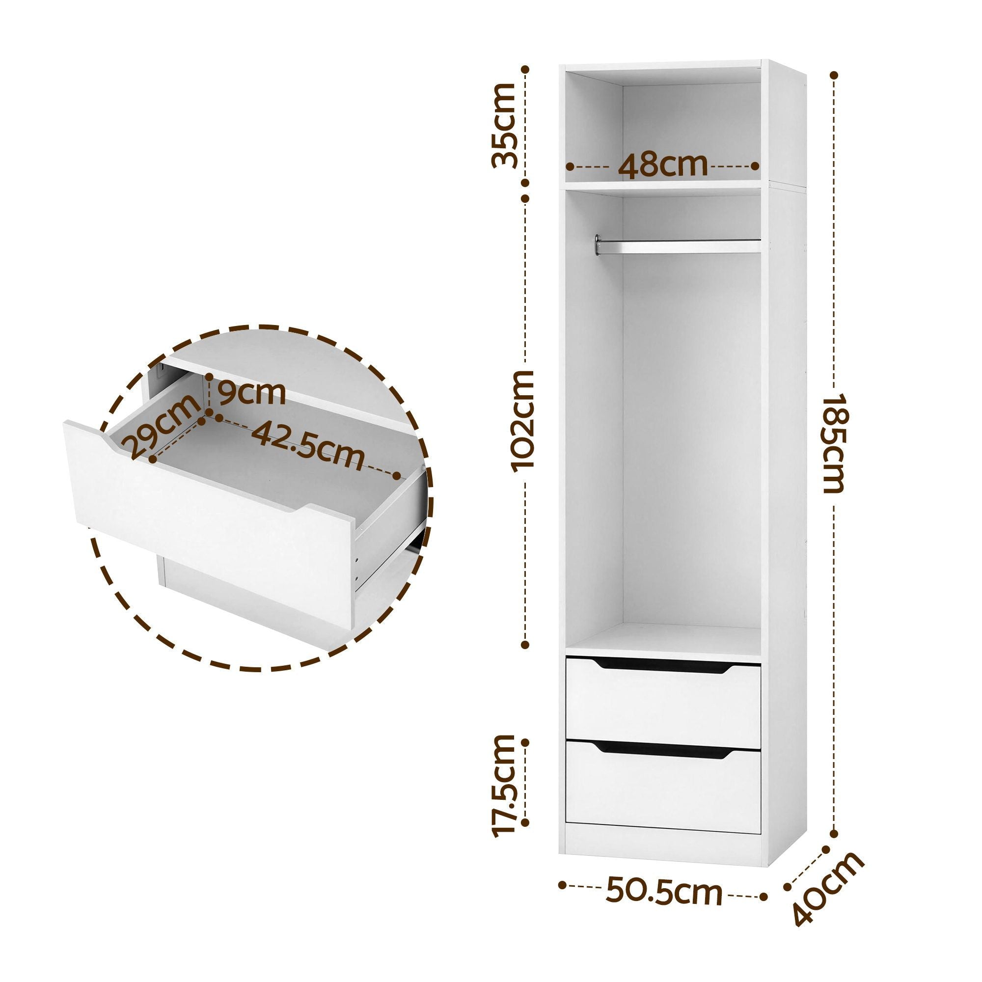 Wardrobe Clothes Closet Storage Organizer with Drawers and Hanging Rod - White