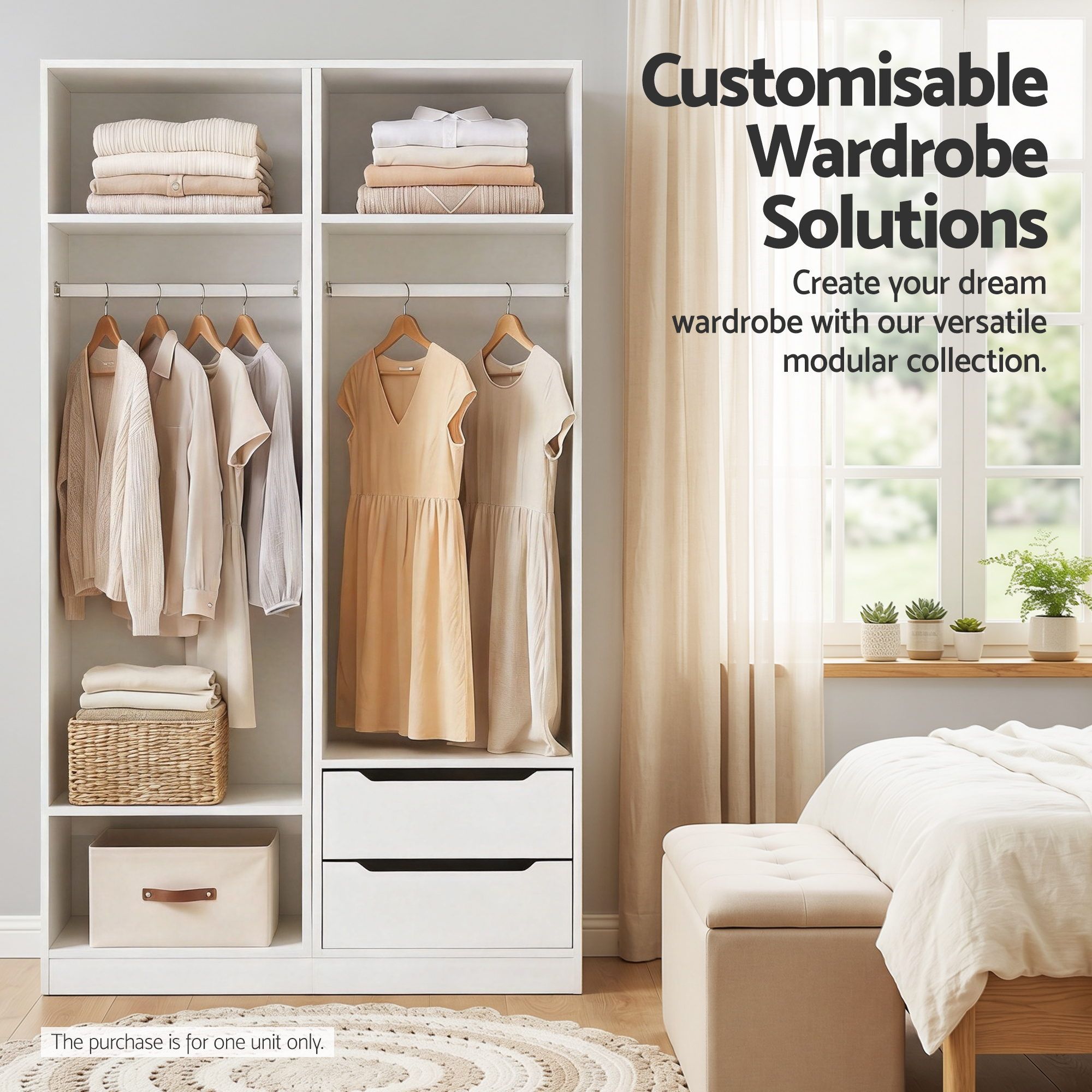 Wardrobe Clothes Closet Storage Organizer with Drawers and Hanging Rod - White