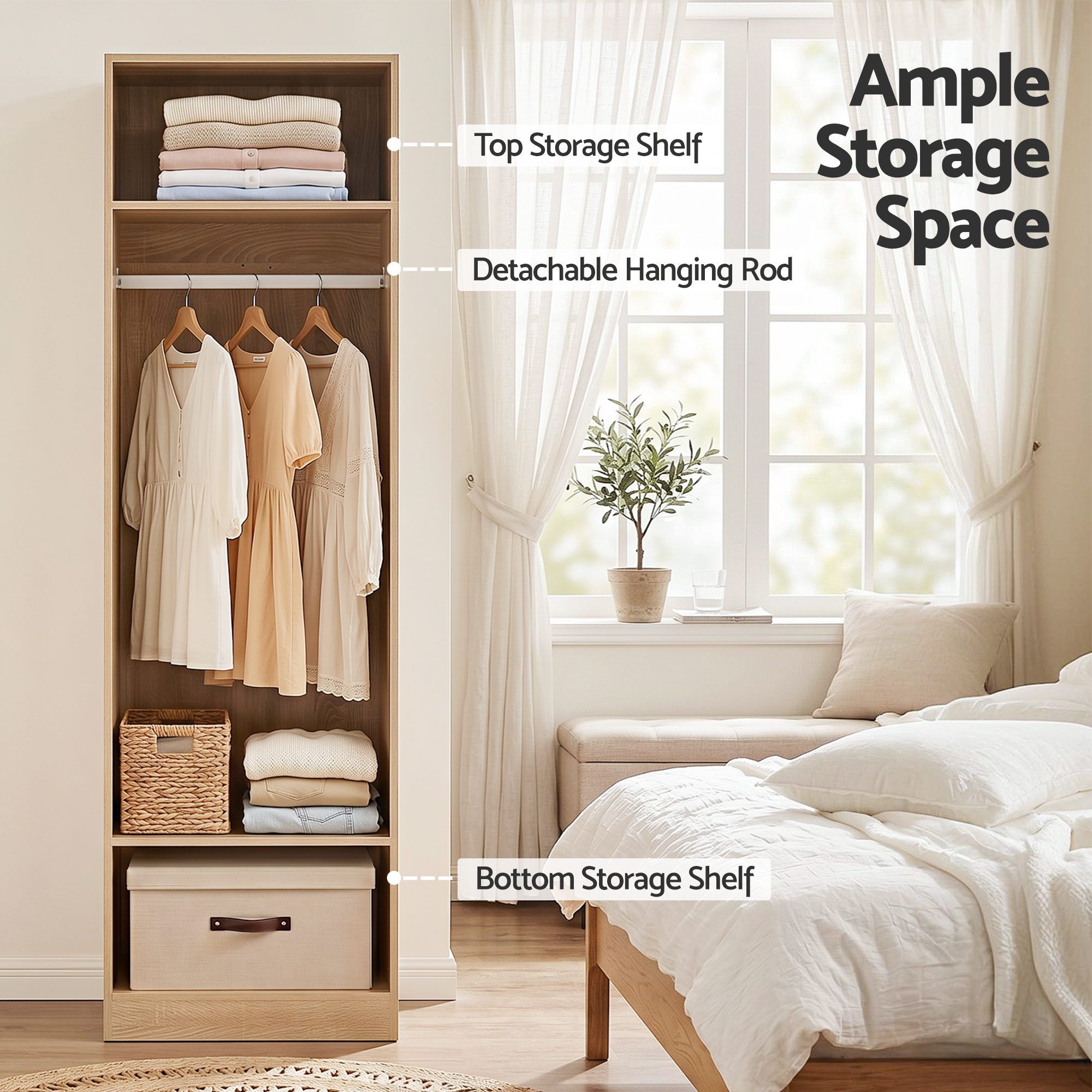 Wardrobe Clothes Closet Storage Organizer Shelf with Hanging Rod - Pine