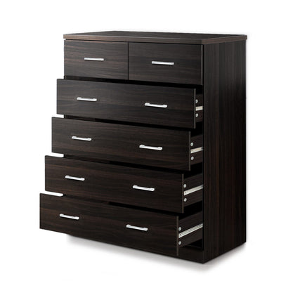 6 Drawer Tallboy Walnut with sleek metal handles and dark wood finish, shown with four drawers partially open on white background