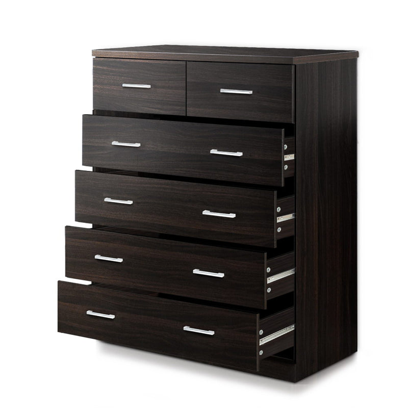 6 Drawer Tallboy Walnut with sleek metal handles and dark wood finish, shown with four drawers partially open on white background