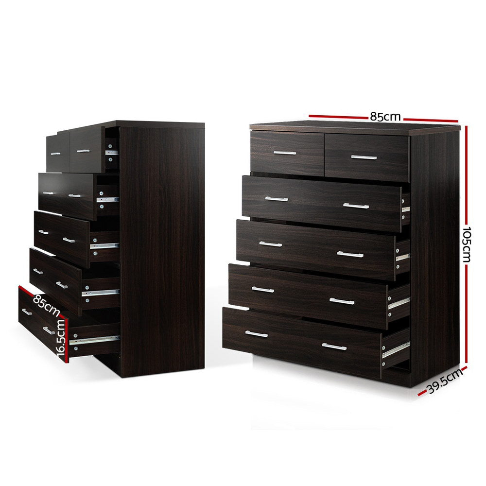 6 Drawer Tallboy Walnut with metal handles and spacious drawers, ideal bedroom furniture for organized storage and modern style