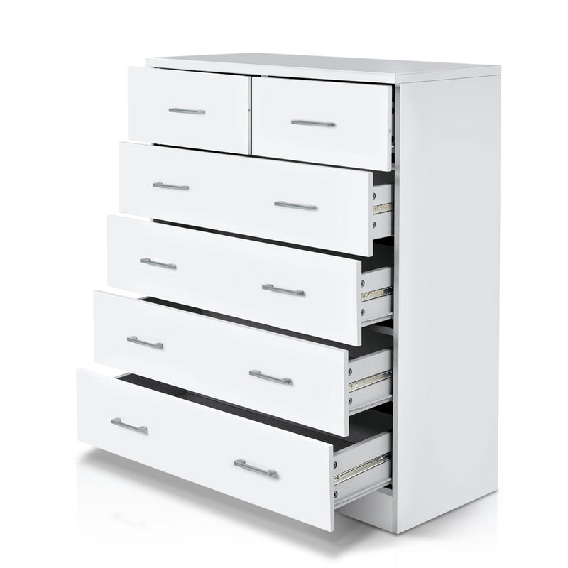 6 Drawer Tallboy White with sleek metal handles and smooth melamine finish for bedroom storage from Bedzy.
