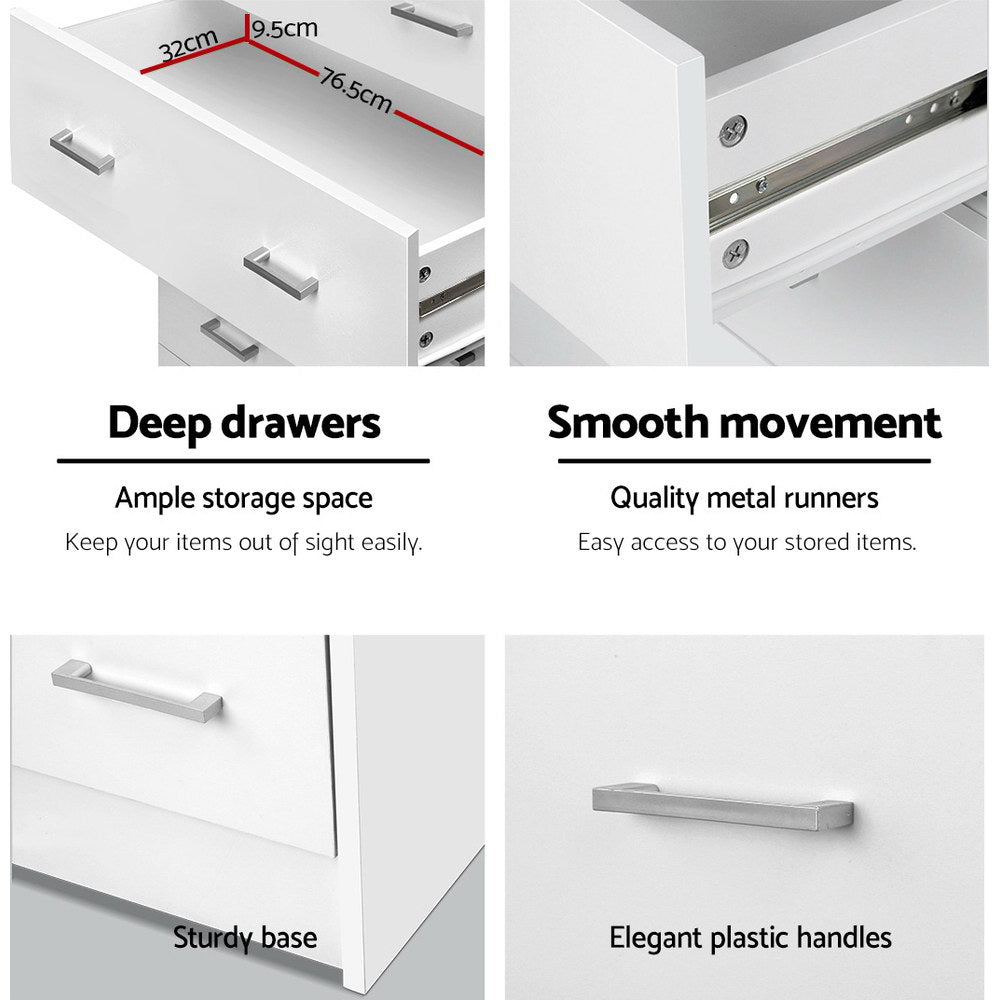 6 Drawer Tallboy White with deep drawers, metal runners, sturdy base, and elegant plastic handles for bedroom furniture storage