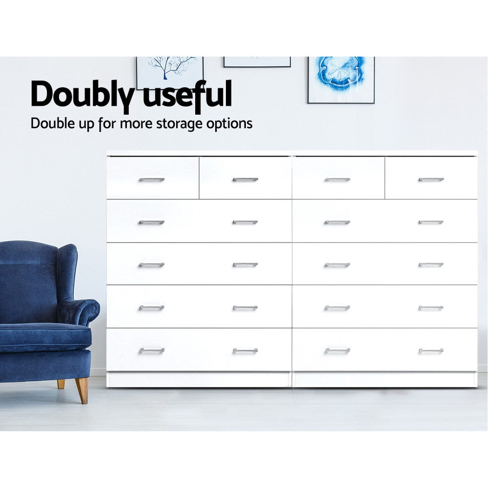 6 Drawer Tallboy White with sleek metal handles, offering ample storage space in a modern bedroom furniture style