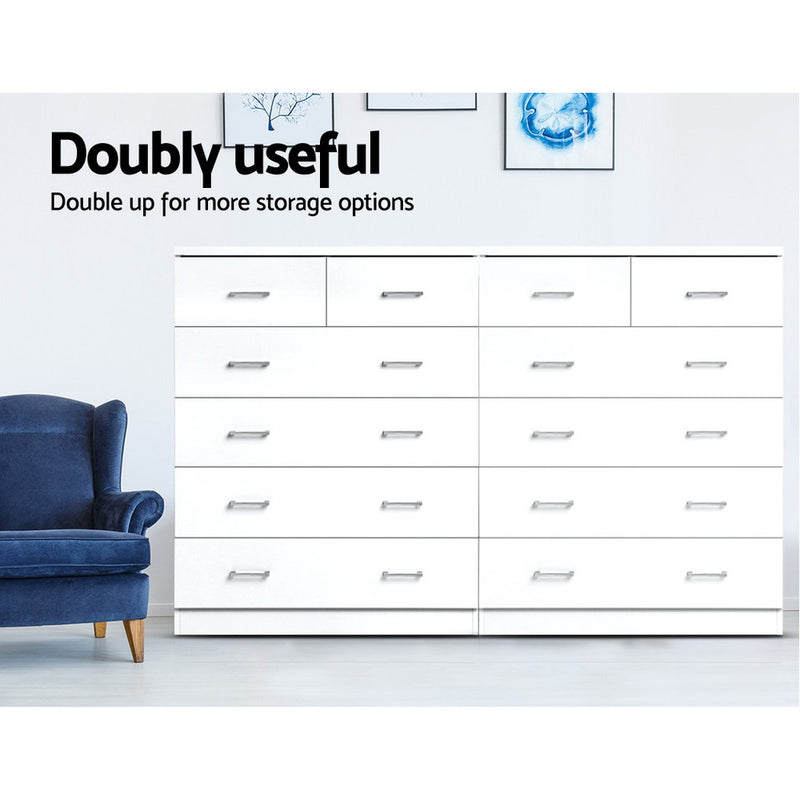 6 Drawer Tallboy White with sleek metal handles, offering ample storage space in a modern bedroom furniture style