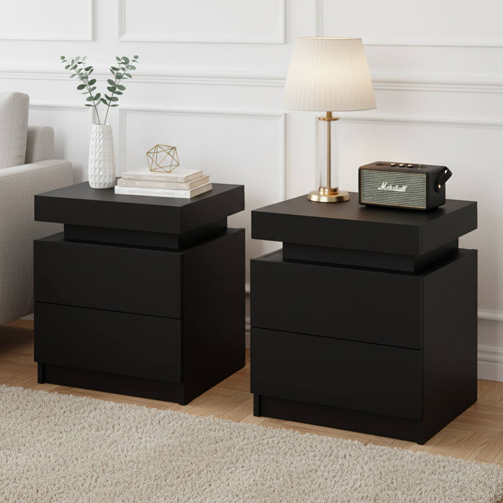 2X Bedside Table 2 Drawers Lift-up Storage Black with modern design, sturdy particle board, styled with lamp and decor in bedroom setting