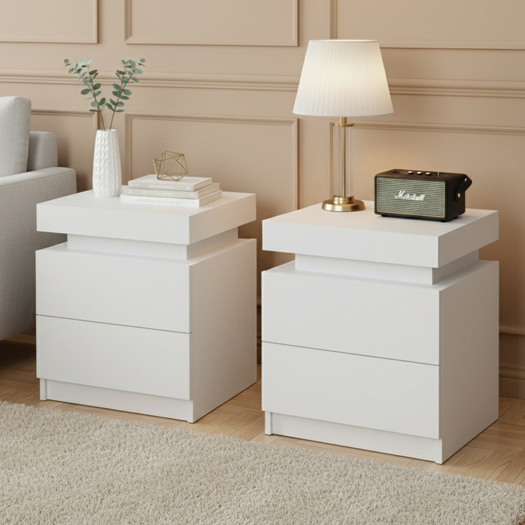 2X Bedside Table 2 Drawers Lift-up Storage White with modern design, twin pack bedroom furniture on wooden floor