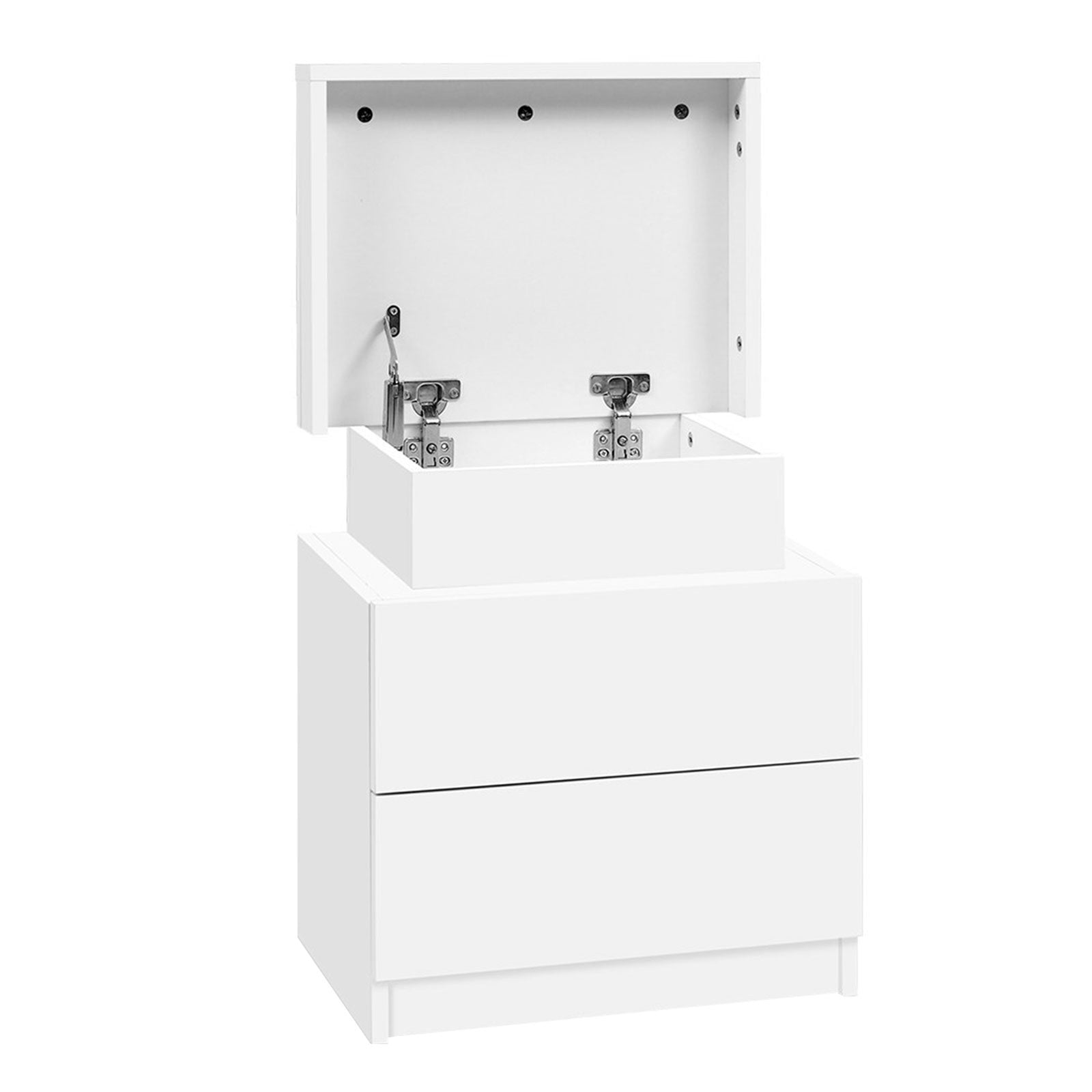 2X Bedside Table 2 Drawers Lift-up Storage White with spacious top compartment and smooth drawer fronts for bedroom furniture
