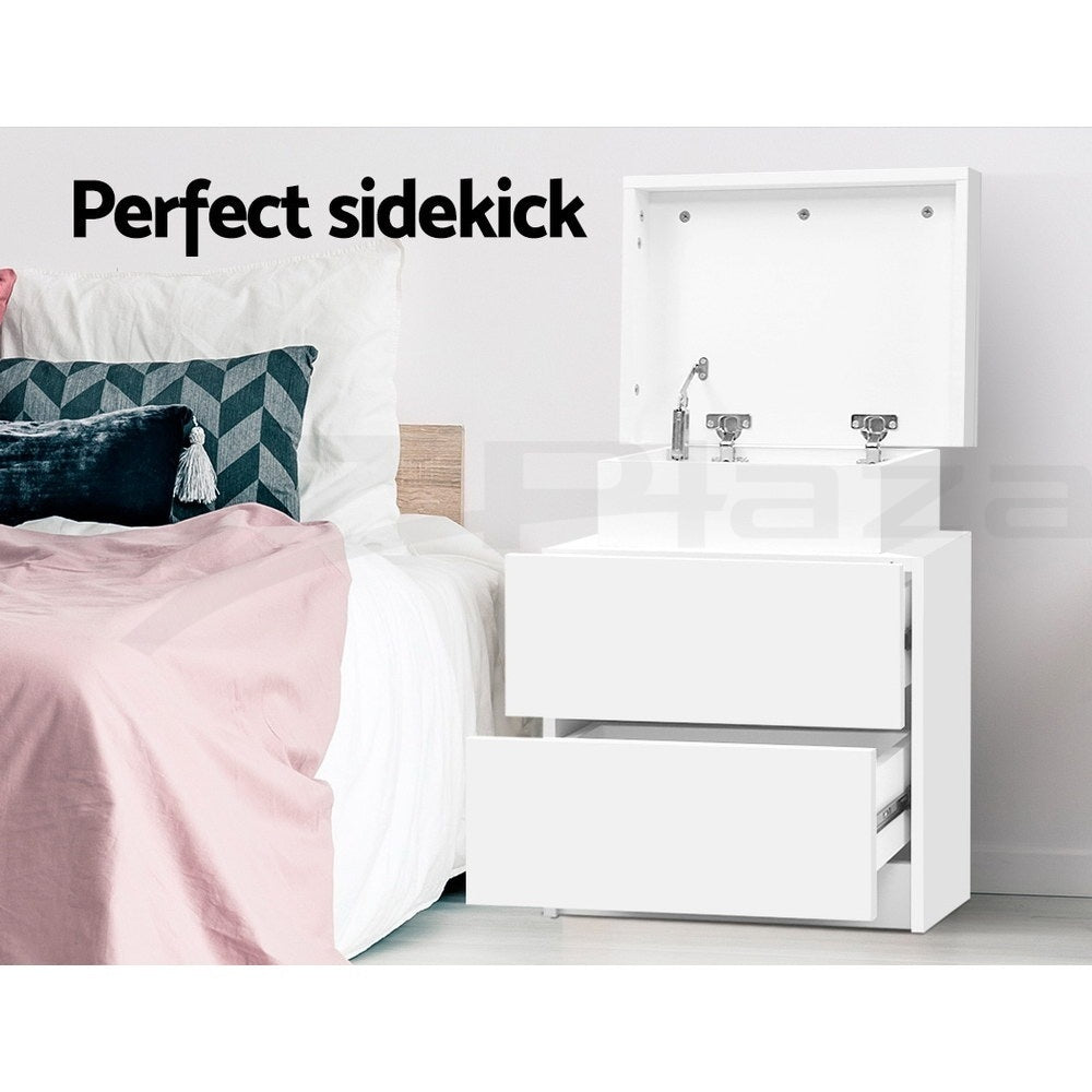 2X Bedside Table 2 Drawers Lift-up Storage White