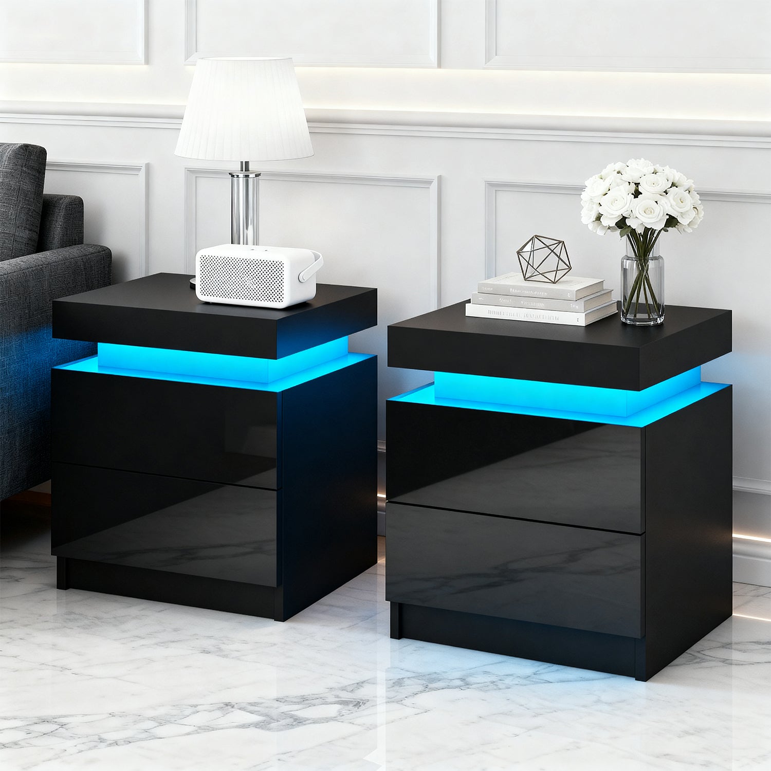 2X Bedside Table LED 2 Drawers Lift-up Storage - COLEY Black with blue LED lighting in modern bedroom setting