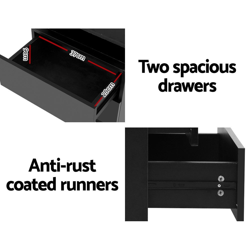 2X Bedside Table LED 2 Drawers Lift-up Storage - COLEY Black showing spacious drawers with anti-rust coated runners
