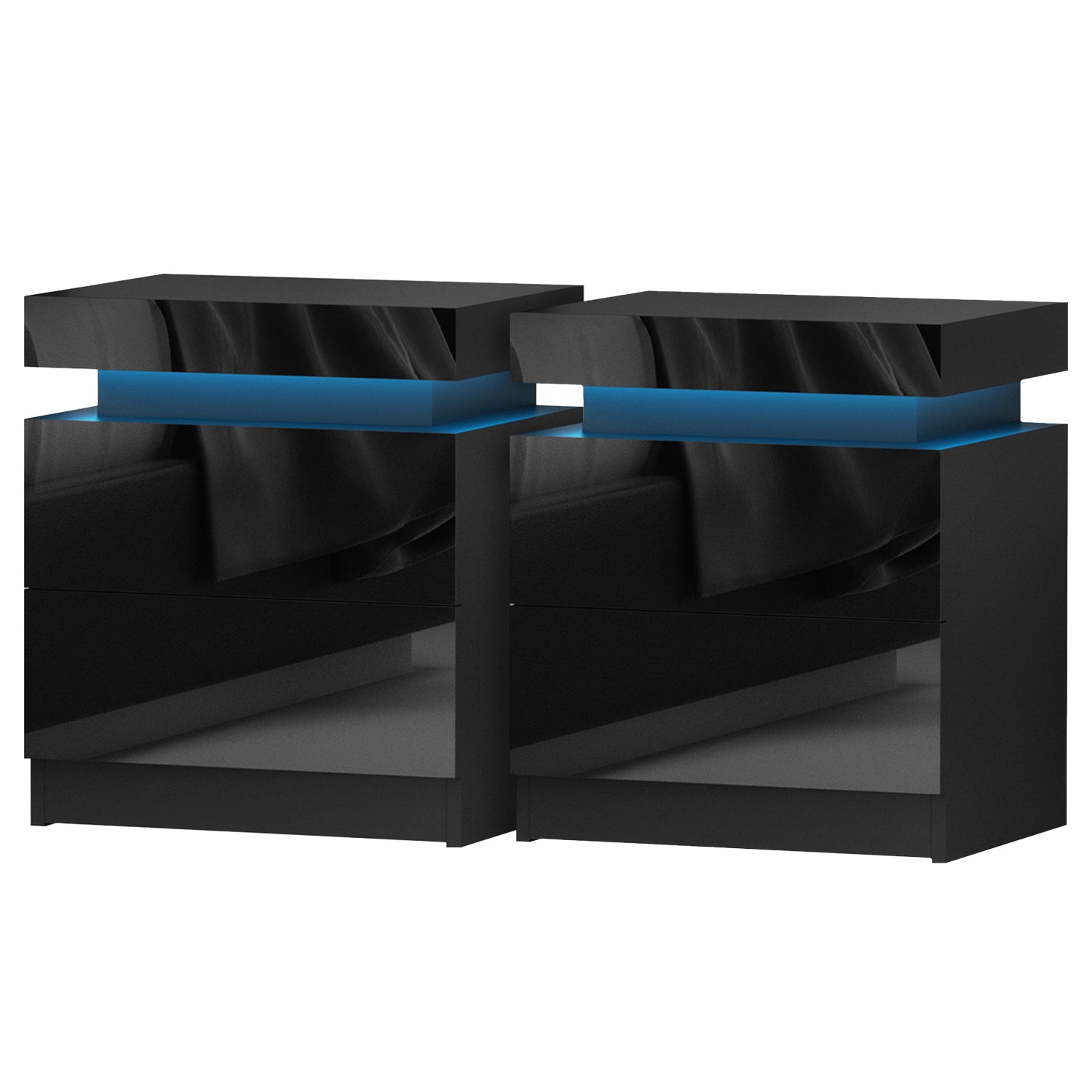 2X Bedside Table LED 2 Drawers Lift-up Storage - COLEY Black twin pack with blue LED lighting and sleek black finish