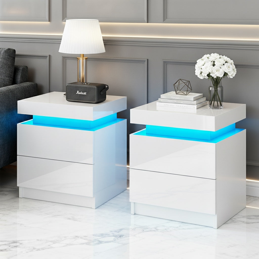 2X Bedside Table LED 2 Drawers Lift-up Storage - COLEY White with blue LED lighting, stylish modern bedroom furniture set