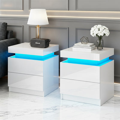 2X Bedside Table LED 2 Drawers Lift-up Storage - COLEY White with blue LED lighting, stylish modern bedroom furniture set