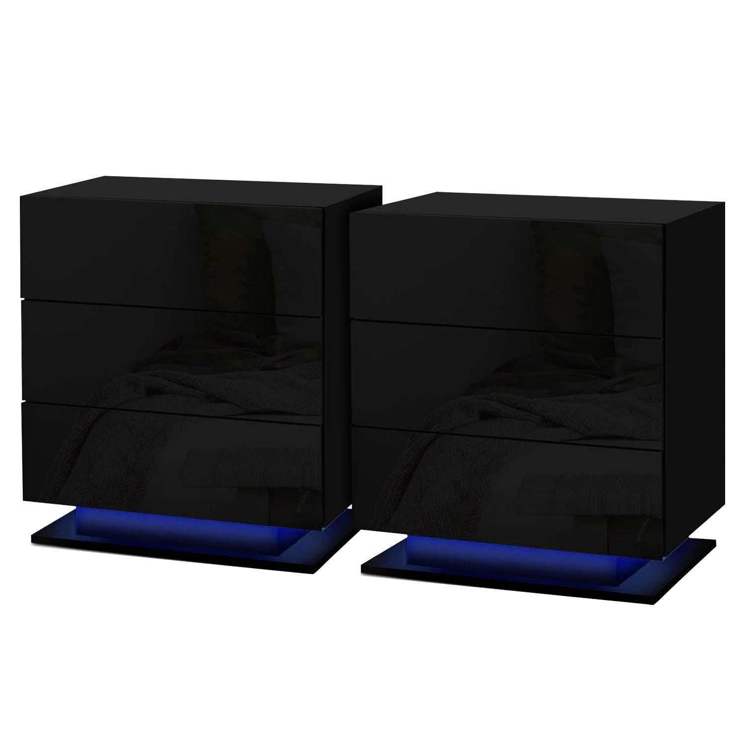 2x Bedside Table LED 3 Drawers - MORI Black with glossy finish and blue LED lighting under base, modern bedroom furniture