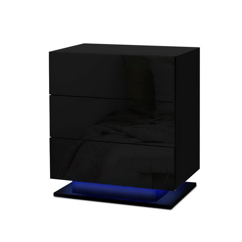 2x Bedside Table LED 3 Drawers - MORI Black, sleek black bedside table with three drawers and blue LED lighting at base