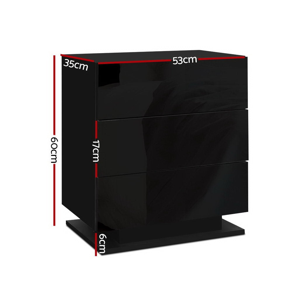 2x Bedside Table LED 3 Drawers - MORI Black