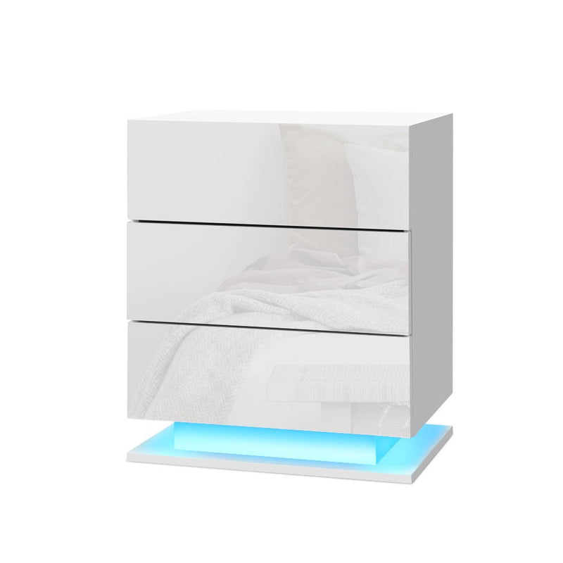 2x Bedside Table LED 3 Drawers - MORI White with built-in blue LED lighting and three glossy drawers on white base