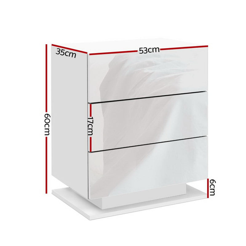 2x Bedside Table LED 3 Drawers - MORI White with three drawers and dimensions marked on white background