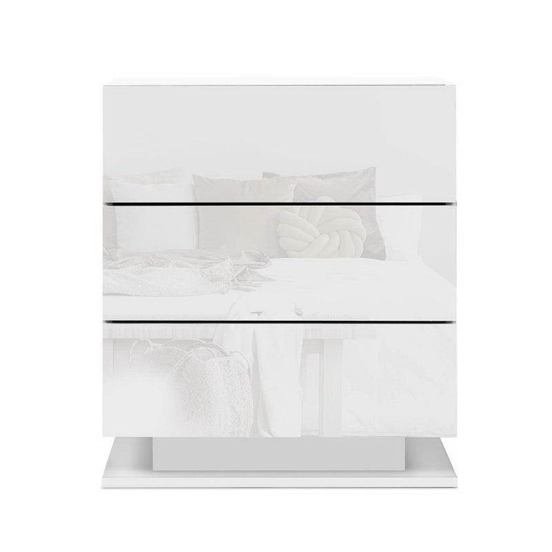 2x Bedside Table LED 3 Drawers - MORI White with sleek modern design and built-in LED lighting for bedroom furniture essentials