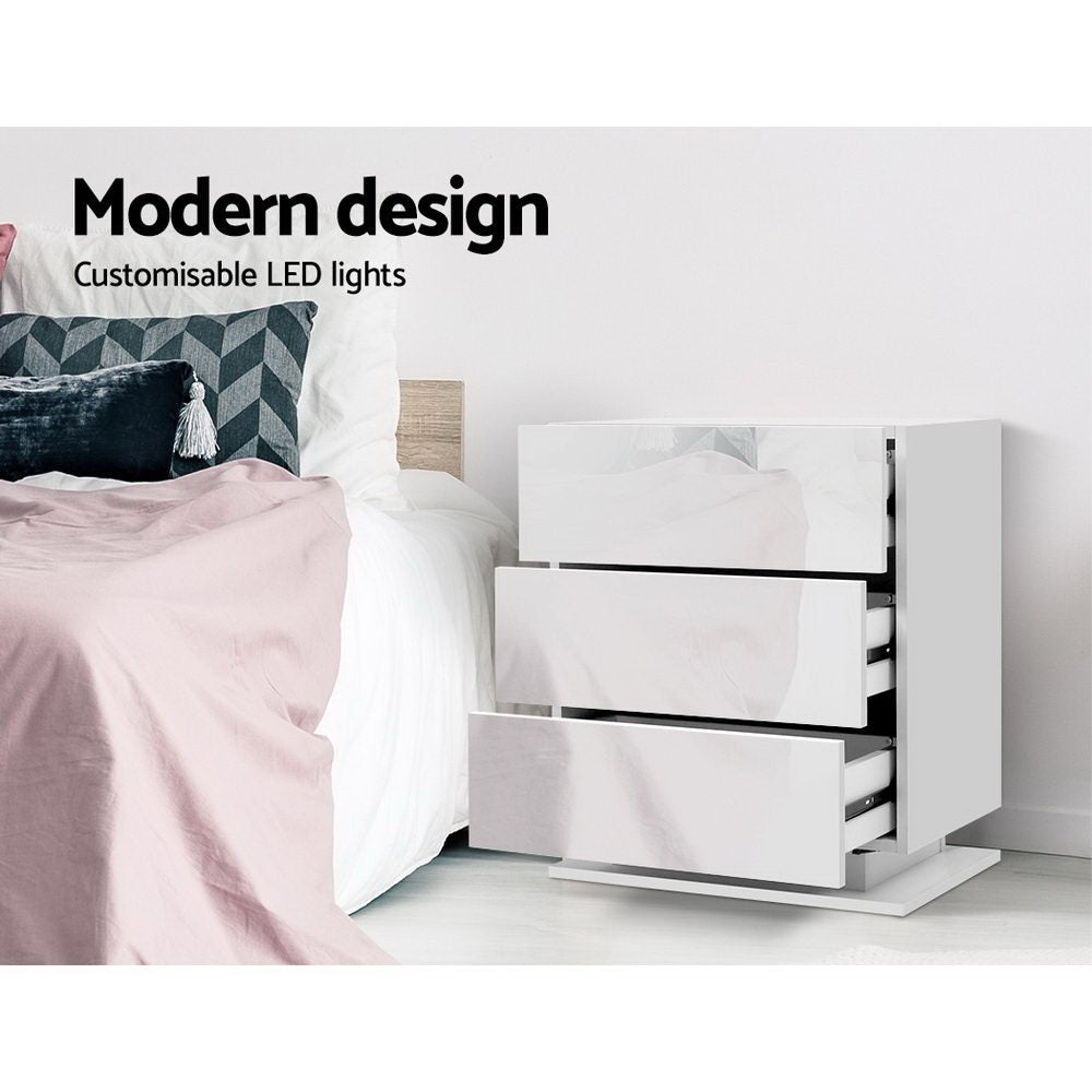 2x Bedside Table LED 3 Drawers - MORI White with modern design, customizable LED lights, and three spacious drawers by Bedzy