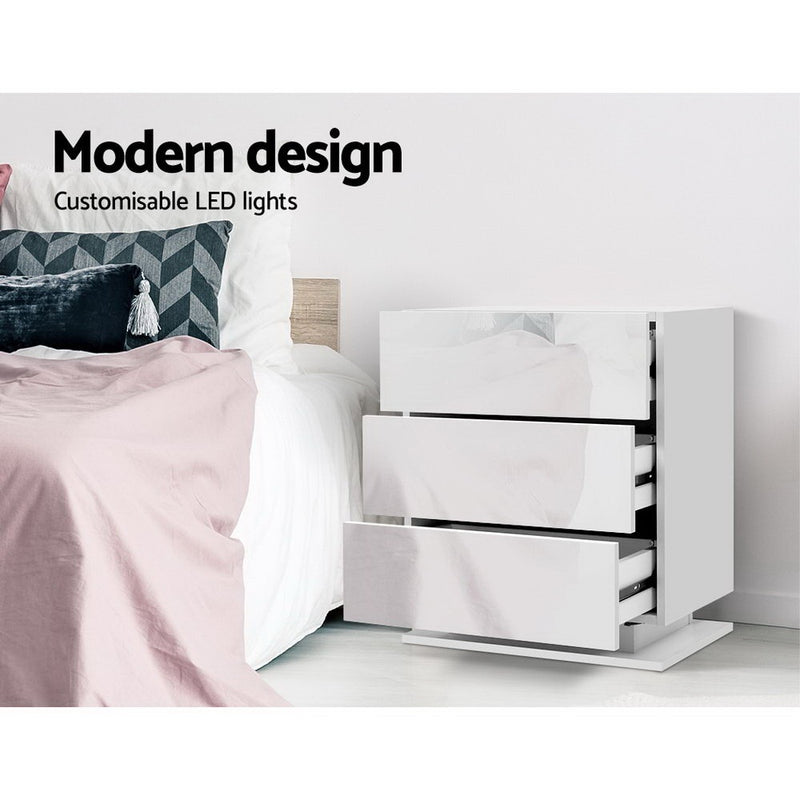 2x Bedside Table LED 3 Drawers - MORI White with modern design, customizable LED lights, and three spacious drawers by Bedzy