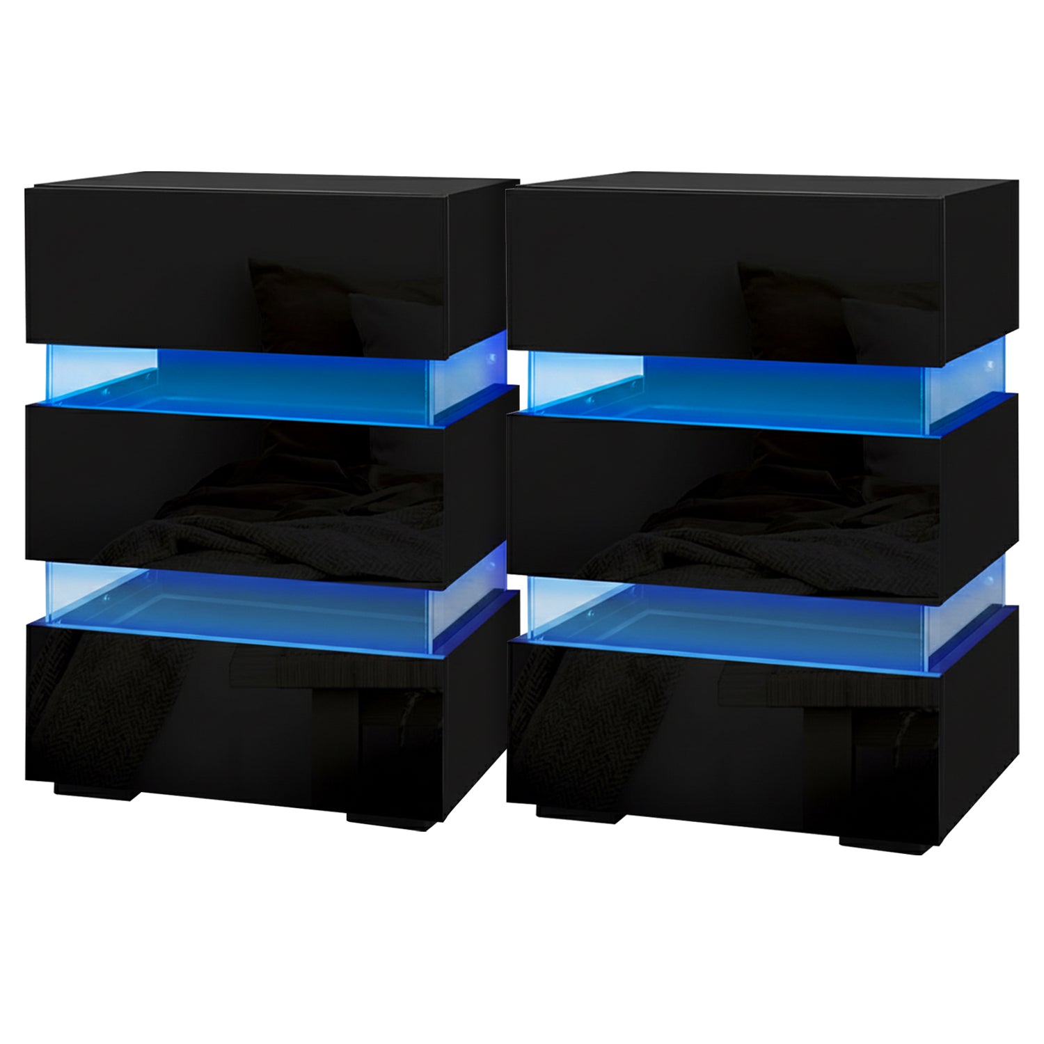 2x Bedside Table LED 3 Drawers - LUMI Black with blue built-in LED lighting and glossy finish in modern bedroom furniture style