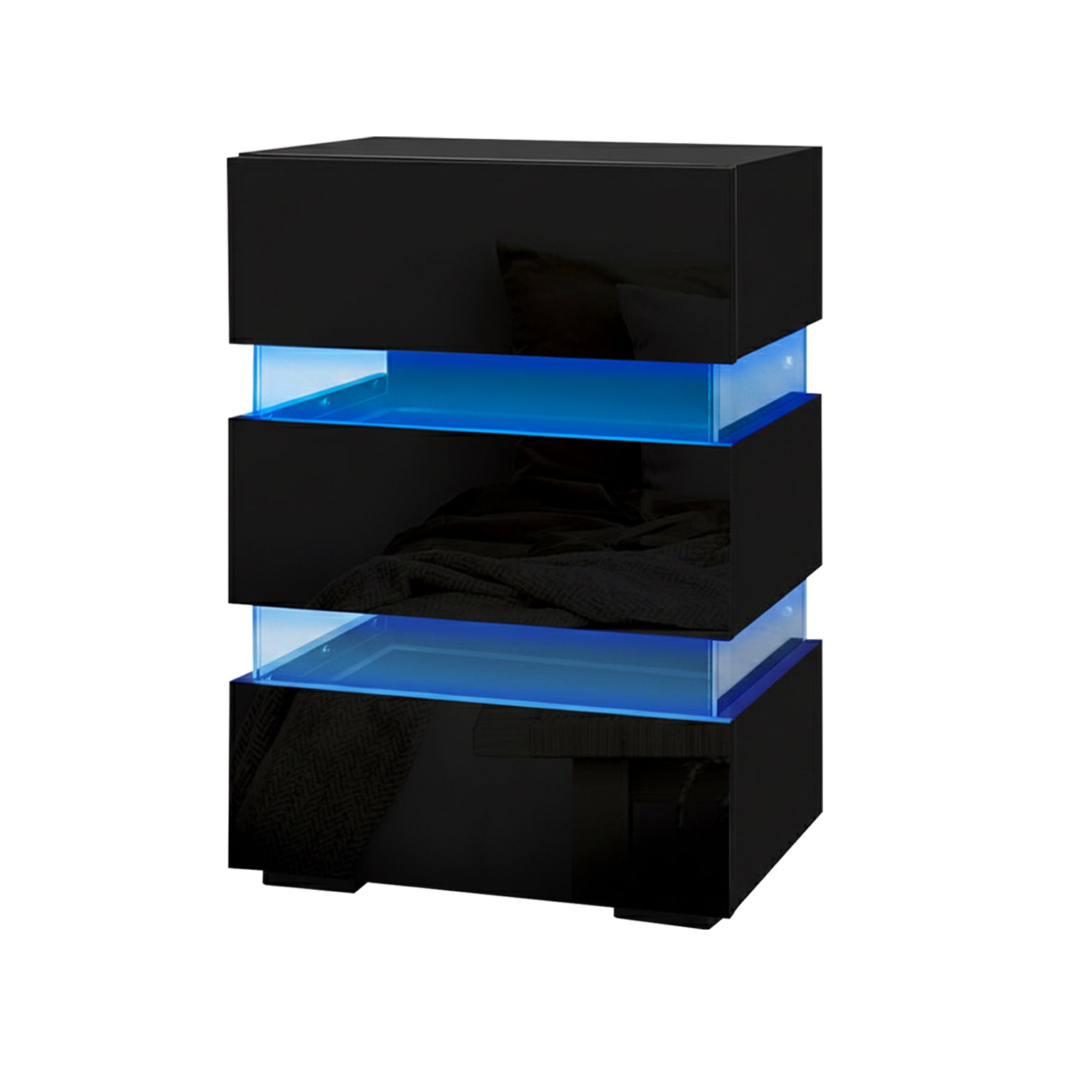 2x Bedside Table LED 3 Drawers - LUMI Black with built-in blue LED lighting and sleek modern design for bedroom furniture