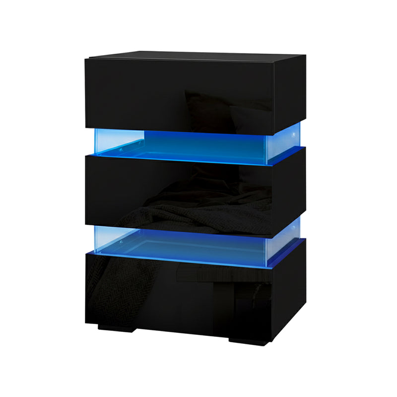 2x Bedside Table LED 3 Drawers - LUMI Black with built-in blue LED lighting and sleek modern design for bedroom furniture