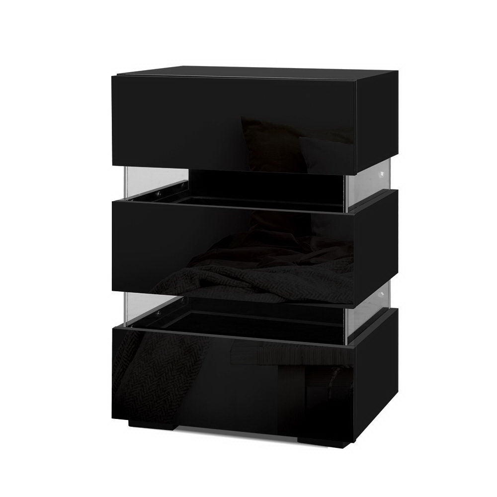 2x Bedside Table LED 3 Drawers - LUMI Black with glossy finish, built-in LED lighting, and three spacious drawers
