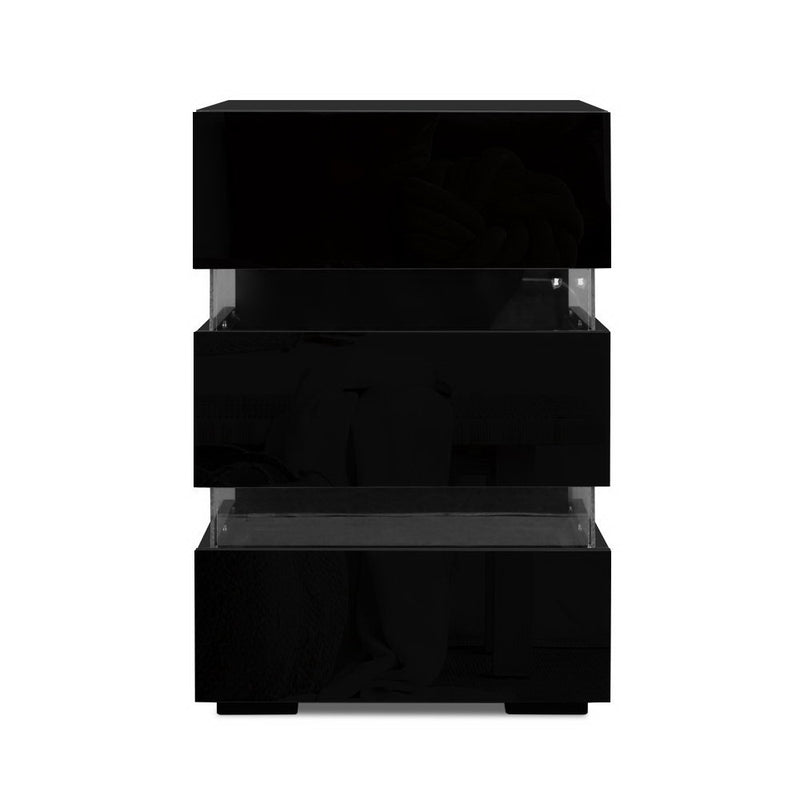 2x Bedside Table LED 3 Drawers - LUMI Black with sleek black finish, three drawers, and built-in LED lighting for bedroom furniture