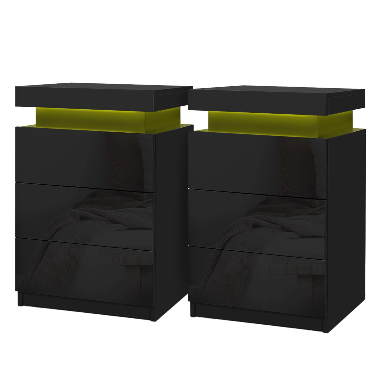 2X Bedside Table LED 3 Drawers - COLEY Black