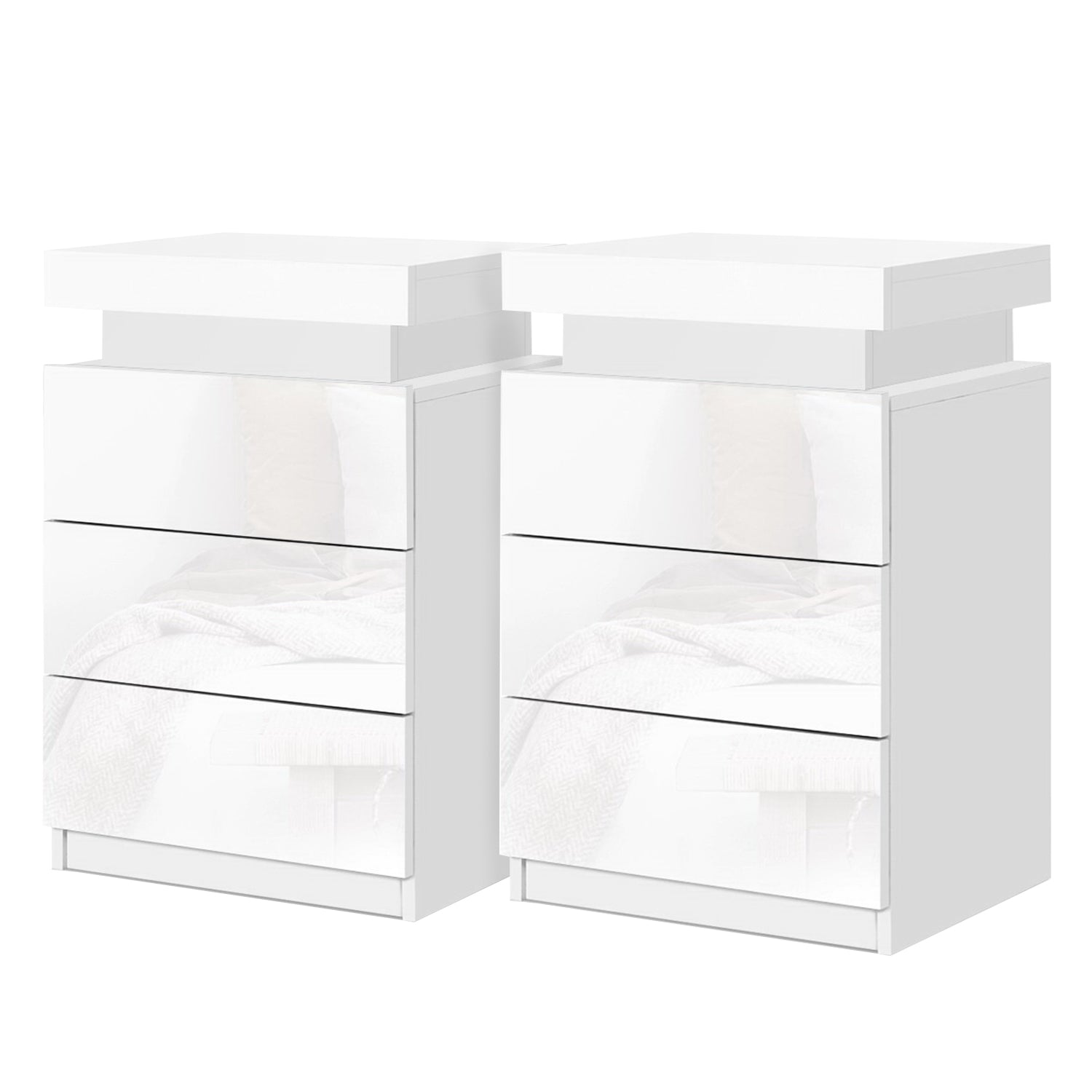 2X Bedside Table LED 3 Drawers - COLEY White