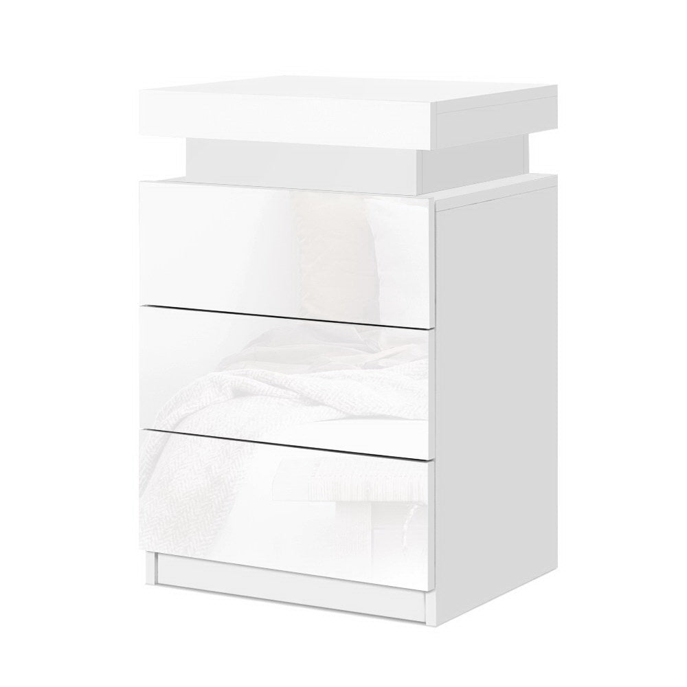 2X Bedside Table LED 3 Drawers - COLEY White with glossy drawer fronts and built-in LED lighting for bedroom furniture