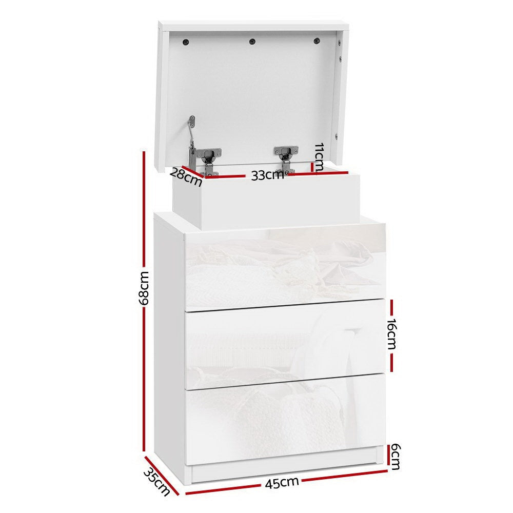 2X Bedside Table LED 3 Drawers - COLEY White with lift-top storage, three drawers, and integrated LED lighting measurements shown