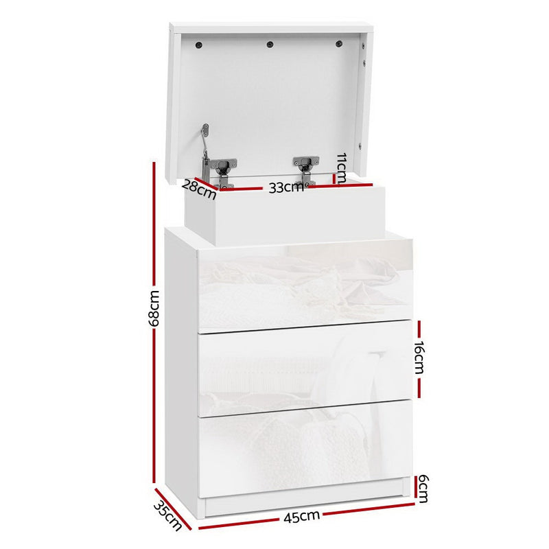 2X Bedside Table LED 3 Drawers - COLEY White with lift-top storage, three drawers, and integrated LED lighting measurements shown