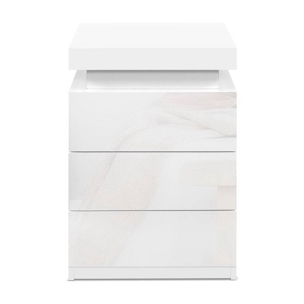 2X Bedside Table LED 3 Drawers - COLEY White with sleek modern design, built-in LED lighting, and three spacious drawers