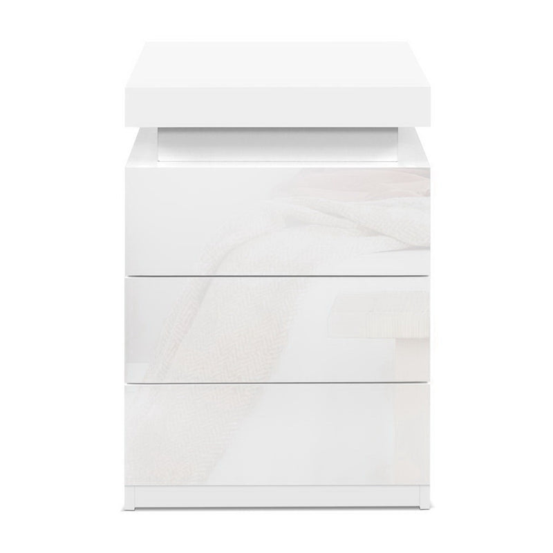 2X Bedside Table LED 3 Drawers - COLEY White with sleek modern design, built-in LED lighting, and three spacious drawers