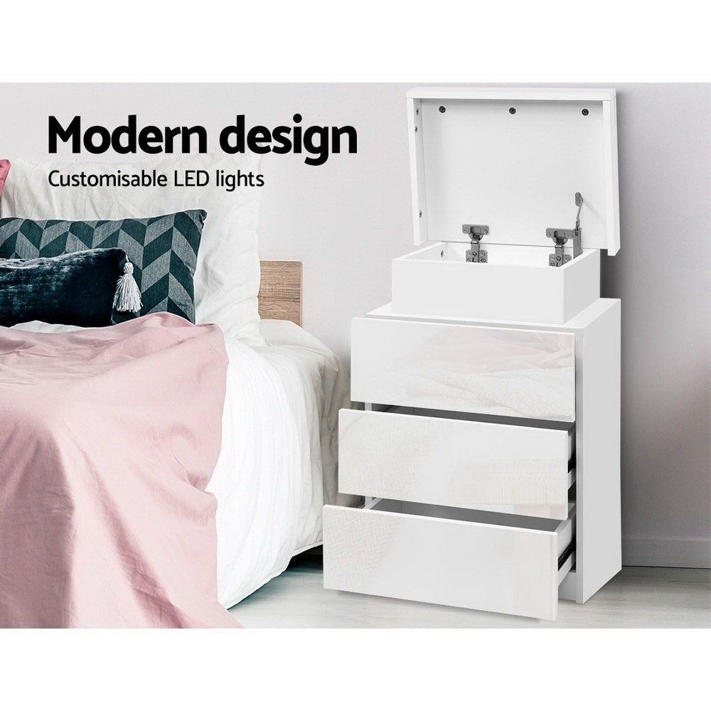 2X Bedside Table LED 3 Drawers - COLEY White with modern design, customizable LED lights, and three storage drawers next to bed