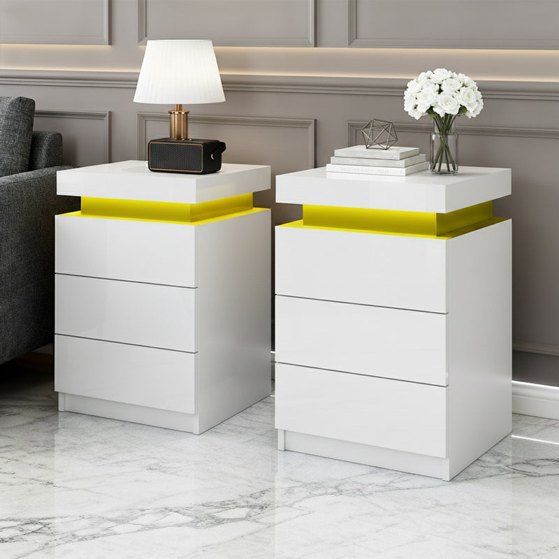 2X Bedside Table LED 3 Drawers - COLEY White with built-in yellow LED lighting in modern bedroom setting