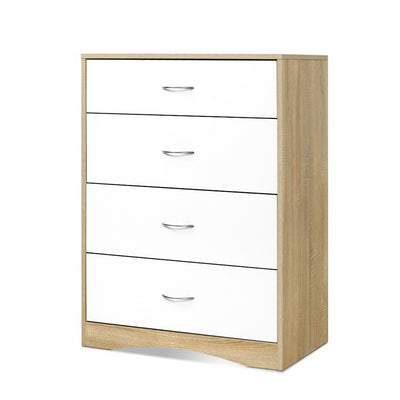 Chest of 4 Drawers Tallboy Dresser with two-tone finish, metal handles, and Scandinavian-inspired design for bedroom furniture